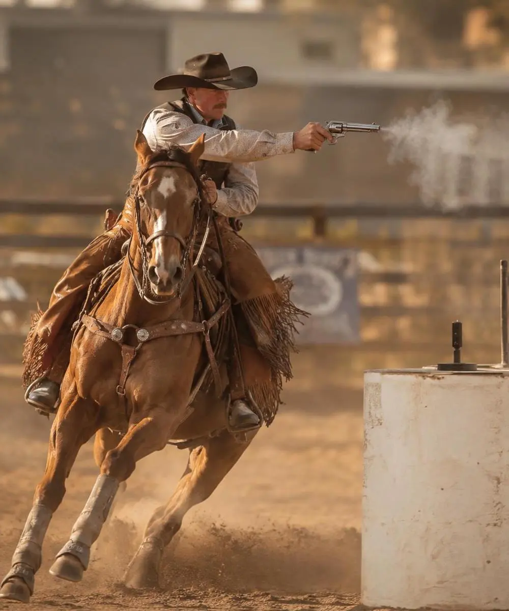 Cowboy mounted shooting rider competing on horseback