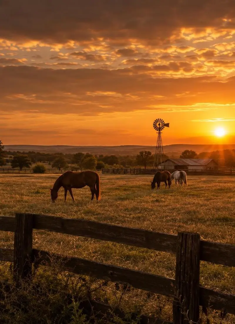 Texas ranch landscape at golden hour