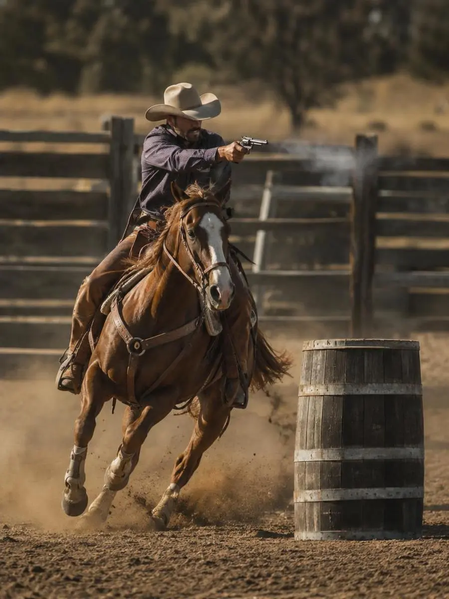Cowboy Mounted Shooting course Cowboy mounted shooting rider racing through a timed course