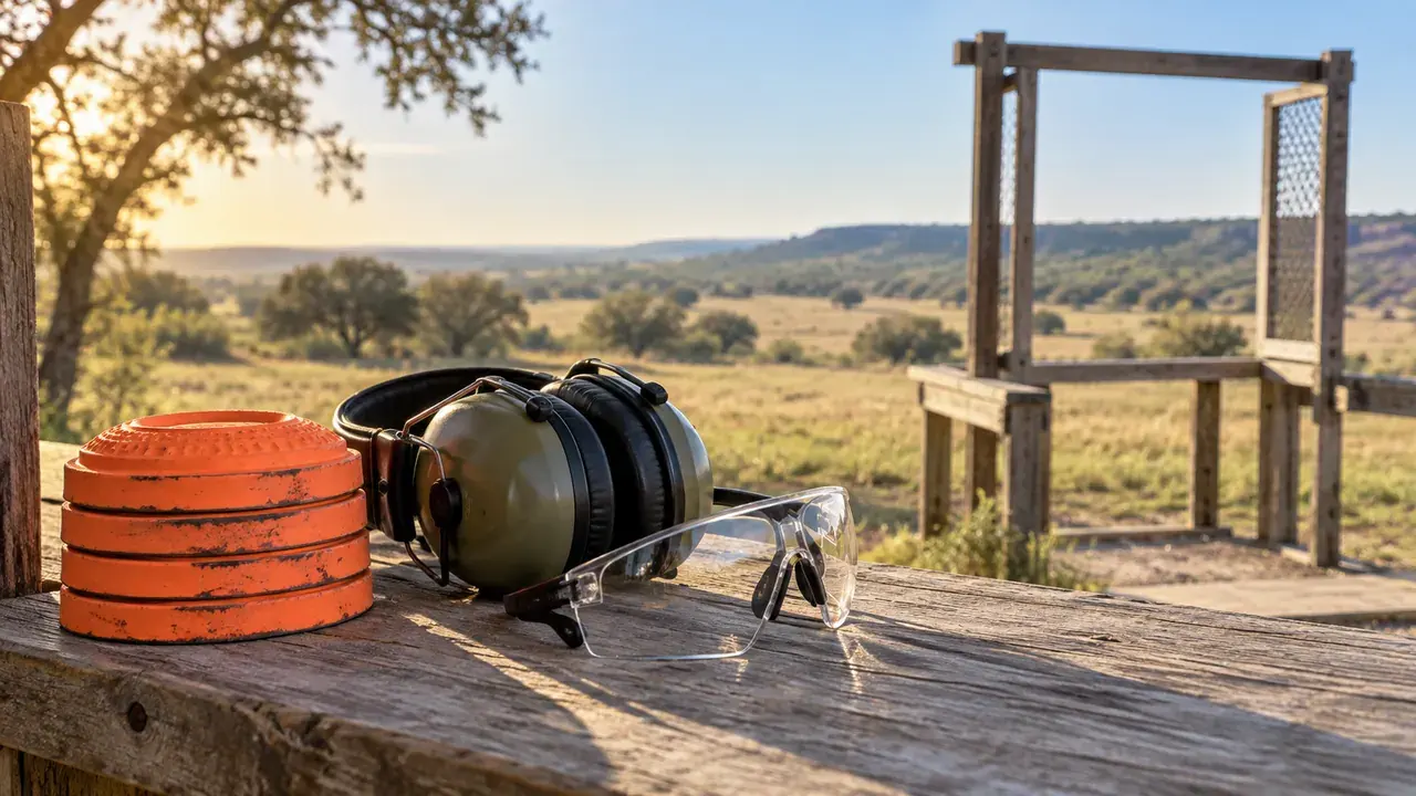 Illustration of clay targets, ear defenders and safety glasses at an empty Texas outdoor sporting venue