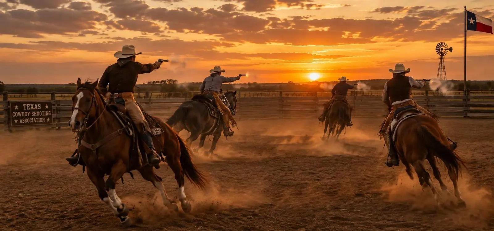 Cowboy mounted shooting riders circling a Texas arena at sunset