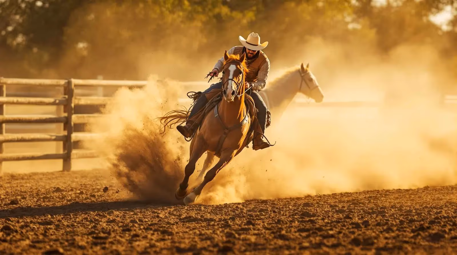 Cowboy mounted shooting competitor riding at speed through a Texas arena